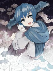 Rule 34 | 1girl, animal feet, blue cloak, blue eyes, blue hair, cloak, commentary request, edamamebig, final fantasy, final fantasy xiv, flower, full body, head wings, highres, holding, holding flower, long sleeves, looking at viewer, meteion, open mouth, short hair, sitting, smile, solo, teeth, upper teeth only, white flower, wings