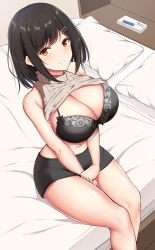 Rule 34 | 1girl, bare shoulders, bed, bed sheet, black bra, black hair, black skirt, blanket, blush, bra, breasts, cleavage, clothes lift, hair ornament, hairclip, highres, huge breasts, jewelry, lace, lace-trimmed bra, lace trim, lingerie, looking at viewer, miniskirt, noeomi, original, pillow, ring, shirt lift, short hair, sitting, skirt, sleeveless, solo, underwear, yellow eyes