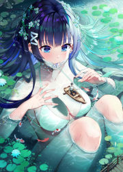 Rule 34 | 1boy, 1girl,  hair ornament, air bubble, apple (luffy123), bikini, blue eyes, blue hair, blush, boat, breasts, bridge, bubble, cleavage, collarbone, fish, giant, giantess, hair ornament, halterneck, korean commentary, large breasts, lily pad, long hair, mouth submerged, mouth under water, oar, original, pants, partially submerged, shirt, sitting, size difference, string bikini, swimsuit, very long hair, water, watercraft, wet, white bikini, white shirt