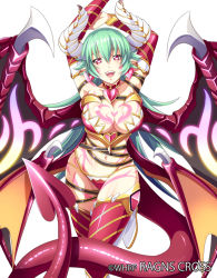 Rule 34 | 1girl, armpits, arms behind head, arms up, breasts, character request, choker, cleavage, collarbone, demon girl, demon tail, demon wings, detached sleeves, earrings, heart, heart earrings, horns, jewelry, keible, large breasts, long hair, midriff, navel, official art, open mouth, ragna cross, simple background, solo, tail, tattoo, thighhighs, white background, wings