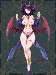 Rule 34 | 1girl, ankle cuffs, bare legs, bare shoulders, black hair, breasts, brooch, chain paradox, choker, clothing cutout, cocytus (wind master), commentary request, demon girl, demon horns, demon wings, detached sleeves, full body, gold pasties, grin, groin, hair ornament, heart, heart cutout, heart tattoo, high heels, horns, jewelry, large breasts, long hair, low wings, multiple rings, navel, pasties, pelvic curtain, pink eyes, pubic tattoo, ring, smile, solo, standing, straight-on, tail, tattoo, thighlet, very long hair, w arms, wings