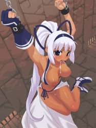 Rule 34 | arms up, assisted exposure, bdsm, blush, bondage, bound, breasts, breasts out, censored, chain, dark skin, from above, gloves, large breasts, long hair, majikina mina, nipples, no panties, open mouth, samurai spirits, single glove, tabi, white hair