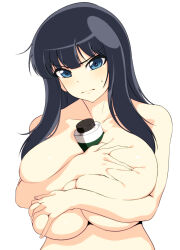 Rule 34 | 1girl, absurdres, between breasts, black hair, blue eyes, blush, breasts, closed mouth, collarbone, completely nude, covering privates, covering breasts, embarrassed, frown, highres, huge breasts, ikaruga (senran kagura), kumako (kumakonoh), long hair, looking at viewer, nude, scroll, senran kagura, simple background, solo, sweatdrop, upper body, white background