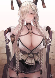 Rule 34 | 1girl, azur lane, bare shoulders, black choker, black gloves, black skirt, blonde hair, blush, braid, breasts, brown eyes, choker, commentary request, cowboy shot, earrings, gloves, gradient background, hair over one eye, horns, jewelry, large breasts, looking at viewer, mole, mole under mouth, off shoulder, one eye covered, owari (azur lane), parted lips, pleated skirt, sea nami, skirt, smile, teeth, twin braids