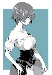 Rule 34 | 10s, 1girl, alternate costume, bare shoulders, bonkara (sokuseki maou), breasts, cleavage, closed mouth, commentary, corset, dirndl, from side, frown, german clothes, girls und panzer, green background, greyscale, greyscale with colored background, hand on own hip, holding, holding tray, medium breasts, monochrome, nishizumi maho, outside border, partially colored, shirt, short hair, short sleeves, skirt, solo, standing, tray, upper body