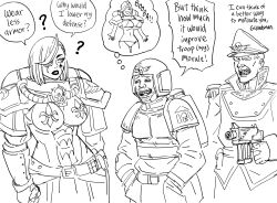 Rule 34 | 1girl, 2boys, ?, absurdres, adepta sororitas, armor, artificial eye, astra militarum, bb (baalbuddy), bolt pistol, breasts, commissar, english text, facial hair, fleur-de-lis, greyscale, hands in pockets, hat, highres, large breasts, monochrome, multiple boys, peaked cap, pervert, power armor, scar, scar across eye, scar on face, simple background, speech bubble, stubble, swept bangs, thought bubble, warhammer 40k, white background