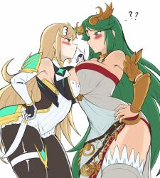 Rule 34 | 2girls, ?, ??, angry, bagelbomb, bare shoulders, blonde hair, blush, breast press, breasts, cleavage, eye contact, green eyes, green hair, highres, huge breasts, kid icarus, kid icarus uprising, large breasts, looking at another, matching hair/eyes, multiple girls, mythra (massive melee) (xenoblade), mythra (xenoblade), nintendo, palutena, pantyhose, super smash bros., thick thighs, thighs, third-party edit, white background, xenoblade chronicles (series), xenoblade chronicles 2, yellow eyes