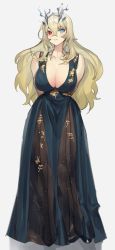 Rule 34 | 1girl, arms behind back, bare shoulders, black dress, blonde hair, blue eyes, breasts, cleavage, dress, barghest (fate), fate/grand order, fate (series), full body, heterochromia, highres, horns, large breasts, long hair, looking at viewer, red eyes, smile, solo, tan (inka)