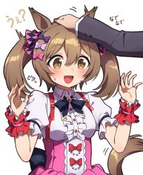 Rule 34 | 1boy, 1girl, animal ears, back bow, black bow, black bowtie, blush, bow, bowtie, brown eyes, brown hair, center frills, collared shirt, corset, frilled cuffs, frilled sleeves, frills, hair bow, hand on another&#039;s head, headpat, highres, horse ears, horse girl, horse tail, puffy short sleeves, puffy sleeves, purple corset, red wrist cuffs, sha (siasha0104), shirt, short hair, short sleeves, short twintails, sleeve cuffs, smart falcon (umamusume), sweatdrop, tail, trainer (umamusume), twintails, umamusume, white shirt, wrist cuffs