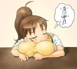 Rule 34 | 1girl, apron, breast pillow, breasts, brown hair, dreaming, closed eyes, huge breasts, onsoku inu, ponytail, self pillow, skirt, sleeping, solo, taneshima popura, thought bubble, uniform, waitress, working!!