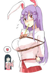 Rule 34 | animal ears, bdsm, black hair, blush, bondage, bound, bound wrists, breasts, bubble tea challenge, cup, deetamu, disposable cup, drink, drinking, drinking straw, embarrassed, heart, highres, houraisan kaguya, imperishable night, large breasts, moon rabbit, object on breast, purple hair, rabbit ears, red eyes, reisen udongein inaba, rope, shirt, thumbs up, touhou, white shirt