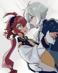 Rule 34 | 1boy, 1girl, ahoge, aqua eyes, ascot, asticassia school uniform, black hairband, blush, dafs26, earrings, elan ceres, gloves, gold trim, green eyes, grey hair, gundam, gundam suisei no majo, hair between eyes, hair tie, hairband, hand on another&#039;s waist, highres, holding hands, jacket, jewelry, long sleeves, looking at another, low ponytail, multi-tied hair, open mouth, red hair, school uniform, short hair, short hair with long locks, sidelocks, single sidelock, suletta mercury, tassel, tassel earrings, thick eyebrows, upper body, wavy mouth, white ascot, white gloves, white jacket