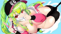 Rule 34 | 1girl, absurdres, assault rifle, baseball cap, between thighs, black thighhighs, borrowed character, breasts, breasts out, choker, cleavage, commission, covered mouth, elf, glowstick, green choker, green hair, green panties, gun, hat, highleg, highleg panties, highres, jacket, large breasts, legs together, linnaea (silviathepony), long hair, looking at viewer, mask, mask pull, mole, mole on breast, mouth mask, nipples, no bra, no pants, off shoulder, open clothes, open jacket, oppose, original, panties, pink jacket, pointy breasts, pointy ears, ponytail, red eyes, rifle, solo, thighhighs, thighs, twisted torso, underwear, very long hair, weapon