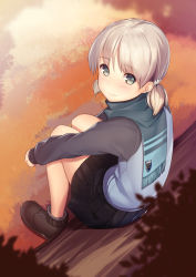 Rule 34 | 10s, 1girl, aki (girls und panzer), ankle boots, blue footwear, blue shirt, boots, emblem, from above, full body, girls und panzer, green eyes, grey skirt, highres, kagematsuri, light brown hair, light smile, long sleeves, looking at viewer, outdoors, pleated skirt, school uniform, shirt, short hair, short twintails, sitting, skirt, smile, solo, twintails