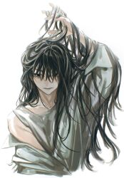 Rule 34 | 1boy, arm up, backlighting, black eyes, black hair, closed mouth, expressionless, hair lift, hand in own hair, highres, isaya 0987, long bangs, long hair, looking to the side, male focus, open clothes, open shirt, original, shirt, simple background, single bare shoulder, solo, tank top, upper body, white background, white shirt, white tank top