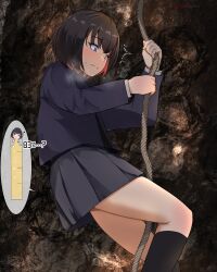 Rule 34 | 1girl, ^^^, artist name, black hair, black skirt, black socks, blue jacket, blush, bob cut, breath, cave, climbing, closed mouth, colored inner hair, commission, constricted pupils, female focus, from side, hands up, have to pee, highres, holding, holding rope, jacket, kneehighs, long sleeves, michinoku (michino934), miniskirt, multicolored hair, nervous, original, pleated skirt, purple eyes, raised eyebrow, red hair, rope, school uniform, shirt, short hair, sidelocks, signature, skeb commission, skirt, socks, solo, speech bubble, split mouth, surprised, sweat, thighs, twitter username, two-tone hair, urine meter, wavy mouth, white shirt