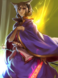 Rule 34 | 1girl, animal ears, brown hair, cape, closed mouth, headphones, inishie kumo, looking at viewer, purple cape, purple skirt, red eyes, short hair, skirt, smile, solo, standing, sword, touhou, toyosatomimi no miko, vest, weapon