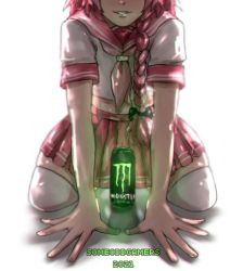 Rule 34 | 1boy, all fours, artist name, astolfo (fate), astolfo (sailor paladin) (fate), astolfo monster cosplay (meme), blurry, braid, can, commentary, dated, depth of field, energy drink, english commentary, fate (series), fingernails, glowing, hair over shoulder, head out of frame, highres, long hair, male focus, meme, miniskirt, monster energy, neckerchief, official alternate costume, pleated skirt, product placement, ribbon, sailor collar, school uniform, serafuku, shirt, short sleeves, simple background, single braid, skindentation, skirt, solo, someoddgamers, symbol-only commentary, thighhighs, trap, white background, white thighhighs