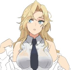 Rule 34 | 1girl, blonde hair, breasts, commentary request, dress shirt, facing viewer, hornet (kancolle), kantai collection, korean commentary, large breasts, long hair, looking to the side, parted lips, shirt, sideways glance, simple background, solo, unfinished, wani (perfect han), white background, white shirt