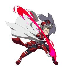 Rule 34 | 1boy, armor, armored boots, black pants, boots, cape, closed mouth, faulds, gloves, grey eyes, heathcliff (sao), highres, holding, holding shield, holding sword, holding weapon, male focus, official art, pants, pauldrons, red footwear, shield, shoulder armor, silver hair, solo, sword, sword art online, transparent background, weapon, white cape, white gloves