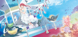 Rule 34 | 10s, 1girl, bare shoulders, barefoot, bird, carousel, coral, dolphin, dress, fish, free!, happy, hatsumi (mdr323), highres, long hair, matsuoka gou, ocean, orca, penguin, ponytail, red eyes, red hair, shark, sitting, smile