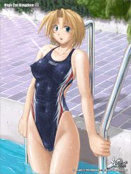 Rule 34 | 1girl, 2003, blonde hair, bush, cameltoe, cleft of venus, competition swimsuit, covered erect nipples, covered navel, green eyes, high cut kingdom, highleg, highleg swimsuit, looking at viewer, nyanko batake, one-piece swimsuit, original, pool, pool ladder, short hair, solo, speedo (company), swimsuit, water, wet