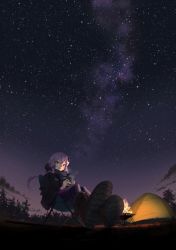 Rule 34 | 1girl, absurdres, black jacket, boots, campfire, cevio, chair, commentary, cup, foreshortening, galaxy, hair ornament, hair tubes, hasisisissy, highres, holding, holding cup, hood, hooded jacket, jacket, light smile, long hair, looking at viewer, milky way, night, night sky, open mouth, purple eyes, purple hair, purple legwear, purple scarf, scarf, scenery, sidelocks, sitting, sky, solo, star (sky), starry sky, steam, tent, vocaloid, voiceroid, yuzuki yukari
