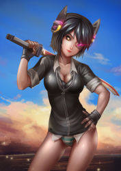 Rule 34 | 10s, 1girl, absurdres, blue sky, breasts, cardigan, cleavage, cloud, cloudy sky, contrapposto, cowboy shot, day, eyelashes, eyepatch, female focus, fingerless gloves, gloves, glowing, headgear, highres, holding, kantai collection, lips, lipstick, looking at viewer, makeup, medium breasts, necktie, no pants, nose, ocean, outdoors, over shoulder, panties, purple hair, rayzel, red lips, school uniform, short hair, sky, sleeves rolled up, solo, standing, striped clothes, striped panties, sunset, sword, sword over shoulder, tenryuu (kancolle), underwear, weapon, weapon over shoulder, yellow eyes