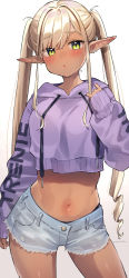 Rule 34 | 1girl, artist name, blonde hair, blue shorts, blush, clothes writing, commentary request, dark-skinned female, dark skin, ear piercing, green eyes, highres, jacket, long sleeves, looking at viewer, midriff, original, piercing, pointy ears, purple jacket, shorts, solo, trente, twintails, twitter username, white background