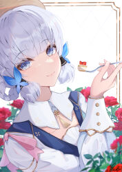Rule 34 | 1girl, absurdres, ayaka (genshin impact), blue eyes, blue hair, blunt bangs, blunt tresses, butterfly hair ornament, cake, cake slice, closed mouth, collar, commentary, flower, food, fork, genshin impact, hair ornament, highres, holding, holding fork, kamisato ayaka, kamisato ayaka (springbloom missive), light blue hair, long sleeves, looking at viewer, mole, mole under eye, official alternate costume, pisuke (user kcmh2774), red flower, red rose, rose, signature, smile, solo, upper body, white collar