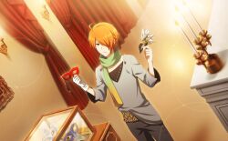 Rule 34 | 1boy, ahoge, candlestand, curtains, fingerless gloves, fingernails, gloves, hair over one eye, highres, idolmaster, idolmaster side-m, idolmaster side-m live on stage!, male focus, official art, orange hair, scarf, shirt partially tucked in, single glove, solo, tsukumo kazuki, white gloves