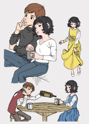 Rule 34 | black hair, black sweater, blue dress, breasts, brown hair, can o29, chilchuck&#039;s wife, chilchuck tims, contemporary, cropped legs, cup, denim, dress, dungeon meshi, full body, grey background, hetero, highres, husband and wife, jeans, long dress, long sleeves, pants, pouring, simple background, stool, sweater, table, white footwear, yellow dress