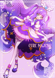Rule 34 | 1girl, aqua eyes, artist logo, character name, commentary request, cure majesty, dress, elbow gloves, ellee-chan, eyelashes, gloves, hair ornament, hairband, happy, highres, hirogaru sky! precure, kamikita futago, long hair, looking at viewer, magical girl, precure, purple background, purple dress, purple hair, purple theme, smile, solo, thighhighs, thighs, very long hair, white gloves