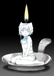 Rule 34 | 1girl, absurdres, barikios, between legs, black background, burning, camisole, candle, candle wax, colored skin, gradient background, hand between legs, highres, looking at viewer, melting, original, parted lips, personification, short hair, sitting, solid circle eyes, solo, white hair, white skin, yokozuwari