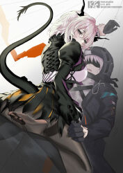 Rule 34 | 1boy, 1girl, arknights, black gloves, black jacket, black pantyhose, blush, breasts, commentary request, curly hair, doctor (arknights), dragon girl, dragon horns, dragon tail, from behind, girl on top, gloves, hair between eyes, hand on another&#039;s thigh, hetero, highres, holding another&#039;s wrist, horns, jacket, large breasts, long sleeves, looking at another, looking back, medium breasts, medium hair, pantyhose, pink eyes, pink hair, pinned, solo focus, srpzk, tail, talulah (arknights), thighs, white hair