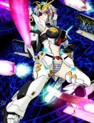 Rule 34 | 1girl, ahoge, arc system works, armor, blazblue, braid, breasts, char&#039;s counterattack, elbow gloves, eyepatch, female focus, fin funnels, gloves, gundam, helmet, laser sword, long hair, mecha musume, midriff, name connection, nu-13, nu gundam, panties, red eyes, ryo (pixiv2495471), ryou (n1091), silver hair, single braid, solo, striped clothes, striped panties, sword, thighhighs, underwear, weapon