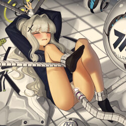 Rule 34 | 1girl, arms up, black sweater, blue archive, blunt bangs, blush, bound, breasts, cad (caddo), closed eyes, crotch, drawstring, grey hair, hair intakes, hair ornament, hairclip, halo, hare (blue archive), highres, long hair, long sleeves, lying, on back, open mouth, panties, ponytail, restrained, robot, sidelocks, small breasts, socks, solo, sweater, underwear, white panties
