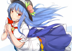Rule 34 | 1girl, blue hair, flower, food, fruit, hat, hinanawi tenshi, holding, long hair, looking at viewer, neropaso, peach, red eyes, sketch, smile, solo, touhou