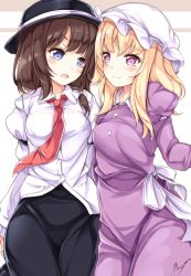 Rule 34 | 2girls, :d, bad id, bad twitter id, black skirt, blonde hair, blue eyes, blush, bow, breasts, brown hair, collared shirt, cowboy shot, dress, fedora, hair over shoulder, hat, hat bow, highres, juliet sleeves, long hair, long sleeves, looking at another, maremay0513, maribel hearn, medium breasts, mob cap, multiple girls, necktie, open mouth, pink eyes, puffy sleeves, purple dress, red necktie, shirt, sidelocks, skirt, smile, touhou, usami renko, white bow, white shirt