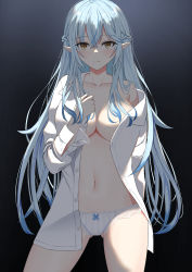 Rule 34 | 1girl, bare shoulders, blouse, blue bow, blue hair, bow, bow panties, braid, breasts, cleavage, collarbone, collared shirt, gluteal fold, gradient background, hair between eyes, half updo, highres, hikashou, hololive, large breasts, light blush, long hair, looking at viewer, nail polish, navel, no bra, open clothes, open shirt, panties, pointy ears, shirt, shirt slip, solo, thighhighs, unbuttoned, unbuttoned shirt, underwear, very long hair, virtual youtuber, white panties, white shirt, yellow eyes, yukihana lamy
