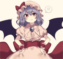 Rule 34 | 1girl, angry, bat wings, blue hair, bow, brooch, collared dress, dress, frilled sleeves, frills, hands on own hips, hat, hat ribbon, highres, jewelry, mob cap, pink dress, pink hat, puffy short sleeves, puffy sleeves, red bow, red eyes, red ribbon, remilia scarlet, ribbon, short hair, short sleeves, simple background, solo, subaru (subachoco), touhou, v-shaped eyebrows, waist bow, white background, wings