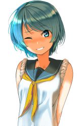 Rule 34 | 10s, 1girl, ;), alternate hair length, alternate hairstyle, arms behind back, bare arms, bare shoulders, blue eyes, blue hair, blush, eyebrows, grin, kantai collection, looking at viewer, matching hair/eyes, neckerchief, no headwear, one eye closed, parted lips, poligon (046), school uniform, serafuku, short hair, simple background, sleeves rolled up, smile, solo, upper body, urakaze (kancolle), white background, yellow neckerchief