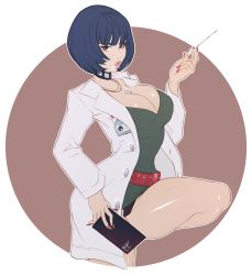Rule 34 | 1girl, absurdres, blue hair, bottomless, breasts, cleavage, collar, highres, kokobuttz, large breasts, lips, nail polish, nurse, persona, persona 5, red eyes, short hair, solo, tagme, takemi tae
