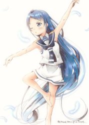 Rule 34 | 1girl, artist name, bare arms, bare legs, blue eyes, blue hair, blue neckerchief, blush, child, commentary request, feathers, kantai collection, leg up, long hair, mae (maesanpicture), neckerchief, one eye closed, open mouth, outstretched arms, sailor collar, samidare (kancolle), school uniform, serafuku, shirt, simple background, skirt, sleeveless, solo, swept bangs, v-shaped eyebrows, very long hair, white background, white serafuku, white shirt, white skirt