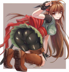 Rule 34 | 1girl, ahoge, ass, bike shorts, black gloves, boots, breasts, brown eyes, brown hair, character request, cross-laced footwear, dorsiflexion, fingerless gloves, gloves, headband, holster, knee boots, kunai, large breasts, long hair, looking back, original, panties under bike shorts, pantylines, reverse grip, sheath, shiny clothes, simple background, smile, solo, thigh holster, toriatto gununu, weapon