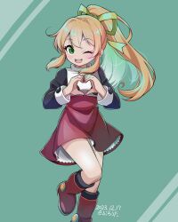 Rule 34 | 1girl, black sleeves, blonde hair, boots, dated, dress, green background, green eyes, green ribbon, hair between eyes, hair ribbon, heart, heart hands, leg up, long hair, long sleeves, mega man (classic), mega man (series), mega man 8, one eye closed, open mouth, ponytail, red dress, red footwear, ribbon, roll (mega man), saburouta (hox-666), signature, sleeve cuffs, solo, standing, standing on one leg, teeth, tongue