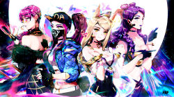 Rule 34 | 4girls, ahri (league of legends), akali, animal ears, bare shoulders, baseball cap, black gloves, blonde hair, bracelet, breasts, choker, claws, cleavage, cropped jacket, double bun, earrings, evelynn (league of legends), facial mark, feather trim, fingerless gloves, fox ears, glasses, gloves, hat, heart, heart choker, heart earrings, heco (mama), highres, idol, jacket, jewelry, k/da (league of legends), k/da ahri, k/da akali, k/da evelynn, k/da kai&#039;sa, kai&#039;sa, large breasts, league of legends, lipstick, long hair, looking at viewer, makeup, mask, medium breasts, microphone, midriff, mouth mask, multiple girls, open clothes, open jacket, pince-nez, ponytail, purple eyes, purple hair, purple lips, short hair, single earring, smile, spray can, upper body, whisker markings, yellow eyes