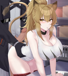 Rule 34 | 1boy, 1girl, absurdres, animal ears, arknights, arm support, black gloves, blush, box, breasts, brown hair, cardboard box, censored, choker, cleavage, clothed sex, clothes pull, collar, collarbone, desk, doctor (arknights), erection, gloves, grabbing, grabbing from behind, groin, hetero, highres, huge breasts, kanta (kanta 077), leaning forward, lion ears, lion girl, lion tail, male doctor (arknights), mosaic censoring, penis, ponytail, red shorts, shelf, shorts, shorts pull, sidelocks, siege (arknights), studded collar, tail, tail raised, tank top, torso grab, white tank top