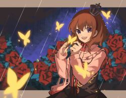 Rule 34 | 1girl, bag, black dress, blue eyes, brown hair, bug, butterfly, child, crown, dress, field, flower, flower field, hashtag-only commentary, highres, holding, holding bag, holding butterfly, insect, kenakenaww, looking to the side, multicolored clothes, multicolored dress, night, night sky, open mouth, pink bag, pink dress, rain, red flower, red ribbon, ribbon, short hair, sky, smile, solo, teeth, umineko no naku koro ni, upper teeth only, ushiromiya maria