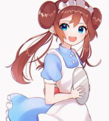 Rule 34 | 1girl, :d, alternate costume, apron, bad id, bad twitter id, blue dress, blue eyes, blurry, blush, brown hair, buttons, creatures (company), double bun, dress, enmaided, eyelashes, game freak, hair bun, highres, holding, holding tray, long hair, maid, maid headdress, nintendo, open mouth, pokemon, pokemon bw2, rosa (pokemon), short sleeves, smile, solo, teeth, tongue, tray, twintails, umekobushi, upper teeth only, white apron